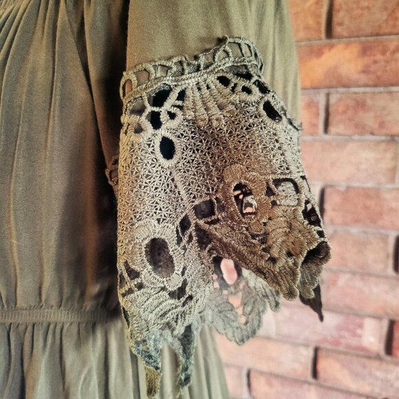 Haute Monde Lace Adorned Olive Boho Open Neck/Off Shoulder Dress - Size L - Picture 3 of 14